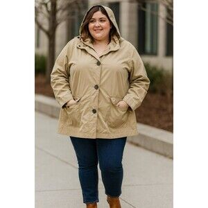 Lands’ End Plus Size Short Trench Coat Hooded Beige Button Jacket 2X Rain-jacket